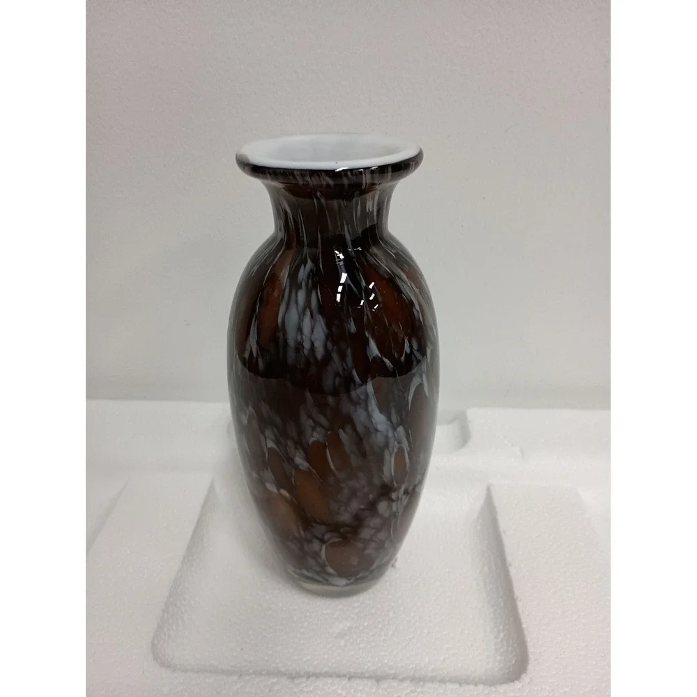 Vintage Art Glass Vase Hand Blown Tortoise Shell MCM Brown White Swirl 8.5